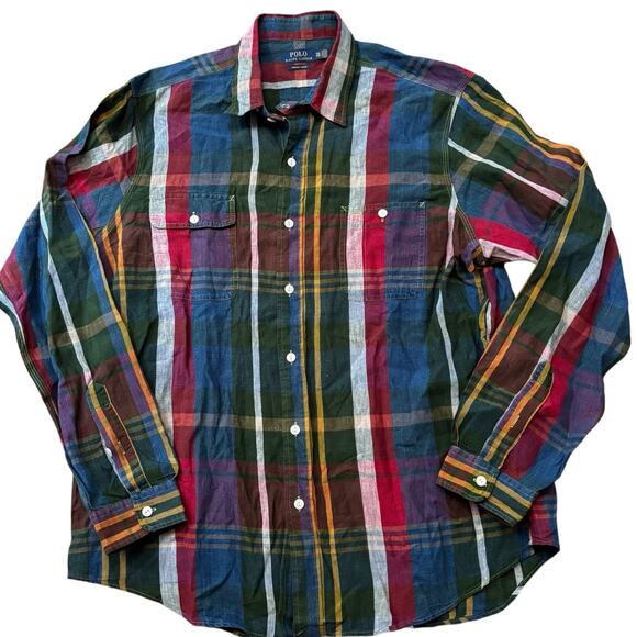 Polo Ralph Lauren Indigo Linen Button Down Men's XXL Red Dark Green Large Plaid* - Picture 1 of 8